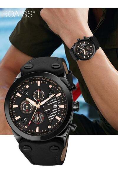 ROAISS Men's Quartz Watch with Leather Strap Round Dial Chronograph Three Sub...