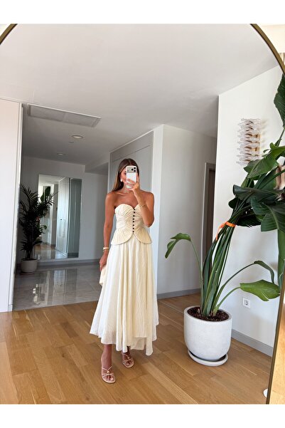 MERVE AKSOY Ponni Buruşuk Midi Boy Etek - Ekru