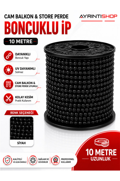 AYRINTISHOP Cam Balkon Stor Perde Plastik Boncuklu İp Zincir 10 Metre Siyah |...