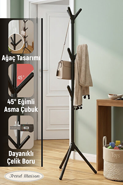 Trend Maison Modern Metal Gövdeli Ayaklı Elbise Portmanto Askılık Siyah