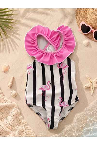 kr kids Kız Bebek Flamingo Desenli FırFır Bağlama Detaylı Mayo Takımı