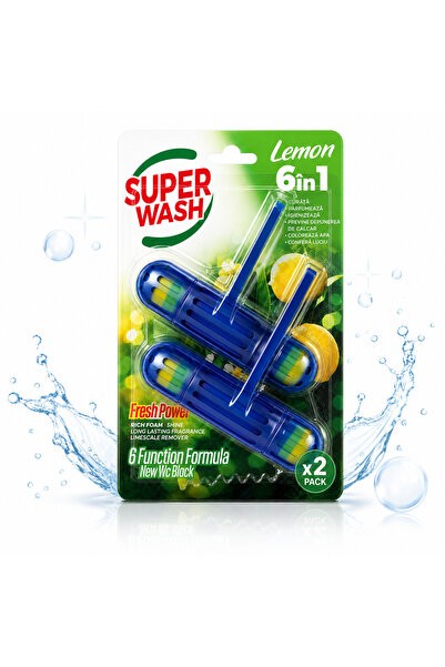 Super wash Odorizant WC Fresh Power Lemon 6 în 1, pachet 2 bucăți, 2 x 50 g, ...