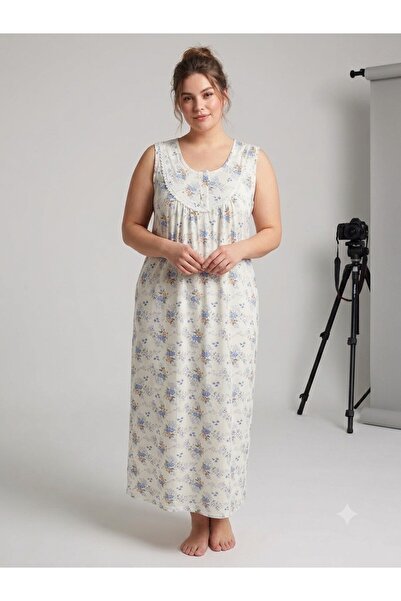 Alize Moda 100% Cotton Wide-Strapped Floral Plus Size Women's Nightgown