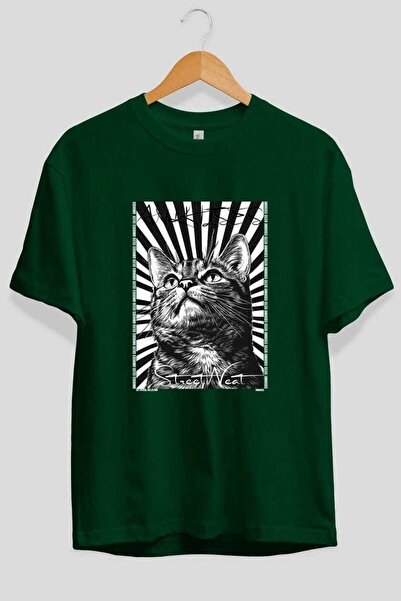 Ankhises T-shirt  "For the Love of Cats 91 " με στάμπα γάτας, πράσινο, oversi...