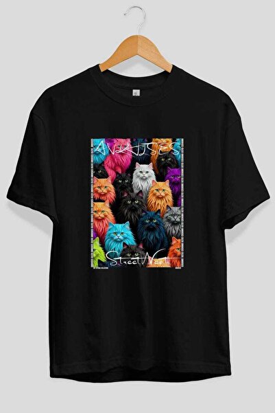Ankhises For the Love of Cats 54 Front Cat Printed Black Oversize T-Shirt 100...