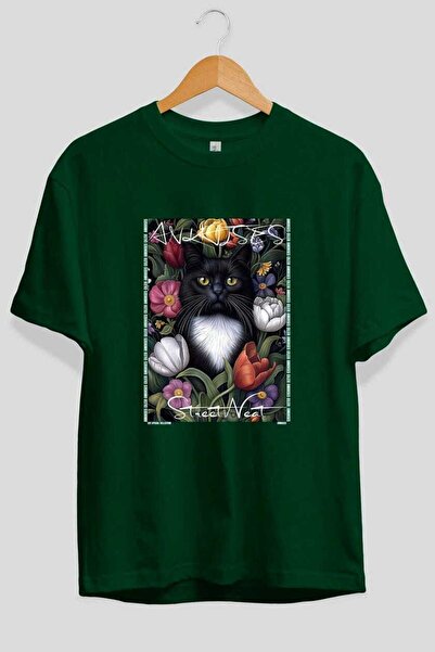 Ankhises Μπλουζάκι Cat For Love 64 με πράσινη στάμπα γάτας, 100% βαμβάκι, Uni...