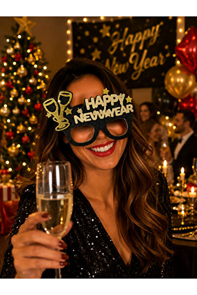 PARTİPORT Happy New Year Party Glasses Glassless Glittery Black Gold New Year...