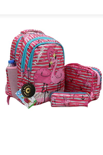 İlkokul flamingo desenli 3 lü set sırt çantası beslenme çantası kalemlik