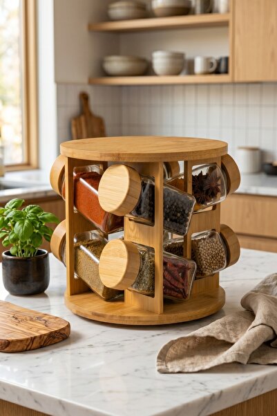 MAKRİ HOME Glass Spice Set with Bamboo Stand - Round 8-Piece