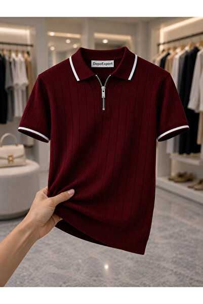 threeoff Erkek Polo Yaka Fitilli Triko Tişört Fermuarlı Kısa Kollu