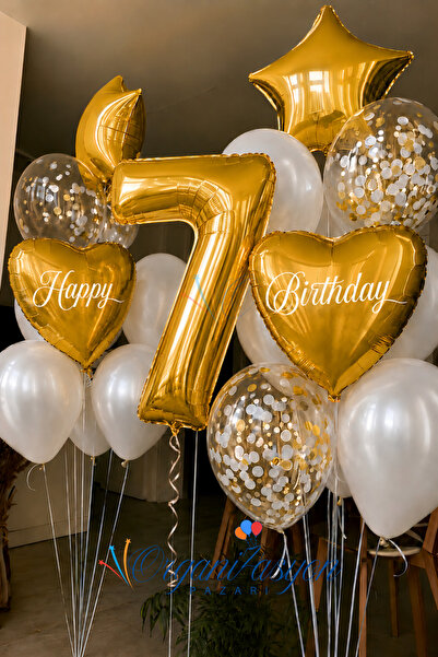 Organizasyon Pazarı Gold Number 7 Age Balloon Set Gold Heart Star Confetti | ...