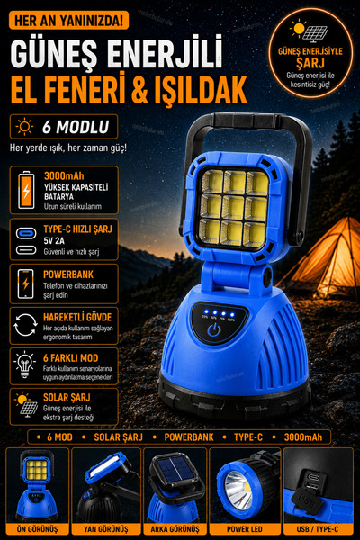 nelerbulurum 6 Modlu Şarjlı Güneş Enerjili Beyaz Işık 3000mAh Powerbank Özell...
