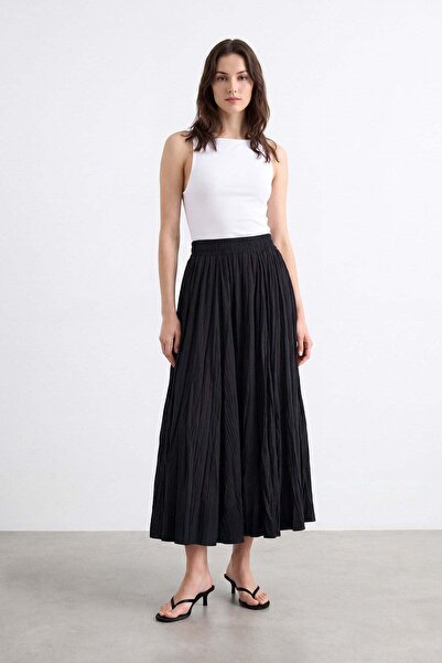 Puane Kadın Beli Lastikli Krinkıl Maxi Etek - 18302ETK - BLACK