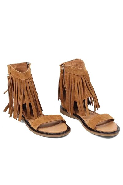 Herayakkabi Women's Suede Leather Tan and Beige Tassel Bohemian Suede Sandals