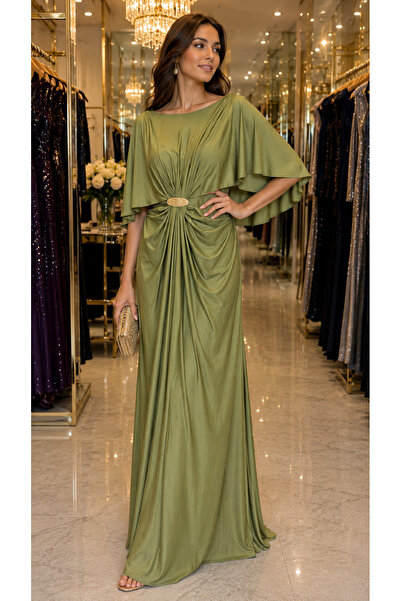 FOR COSTUME فستان سهرة طويل بأكمام خفاشية ومشبك حجري 0846