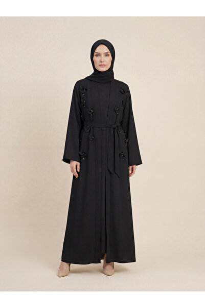 Beyza عباية جلور مزينة بالزهور مع حزام وأكمام طويلة 9618-26 - أسود
