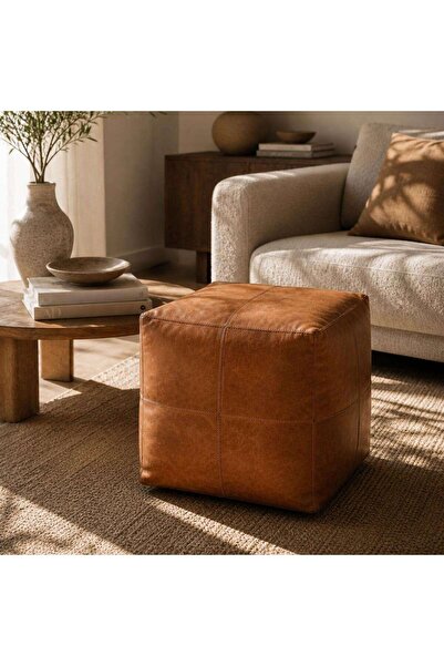 PAN HOME بوف مربع من الجلد من جالاكسي 45x45x45 سم - بني فاتح