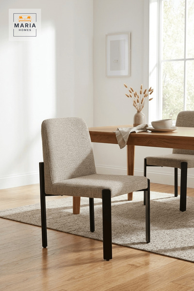 MARIA HOMES Beige Upholstered Dining Chair with Black Metal Legs for Home Din...