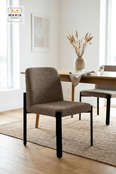 MARIA HOMES Modern Upholstered Dining Chair with Black Metal Legs in Coffee B...