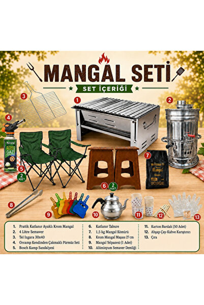 Zelega Mangal Seti Premium - 1 (Katlanabilir Mangal-Semaver-Sandalye)