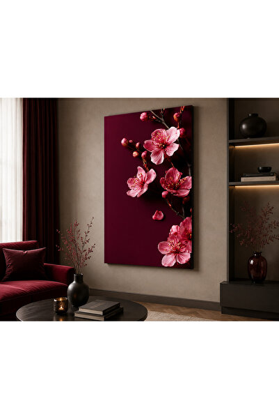 FTRMALZEMECİM Pembe Sakura Çiçeği Kanvas Tablo Bordo Arka Planlı Modern Çiçek...
