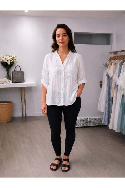 MARE BUTİK White Embroidery Sequin Detailed Linen Shirt