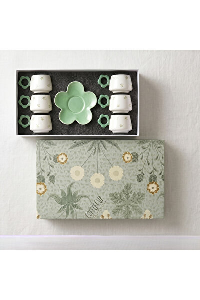 wafra store Ceramic Coffee Cup Set of 6 with Saucer Flower Design - Pastel Green