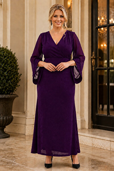 IŞILTI Rochie de seară elegantă și șic, mov, din șifon, cu mâneci lungi, cu g...