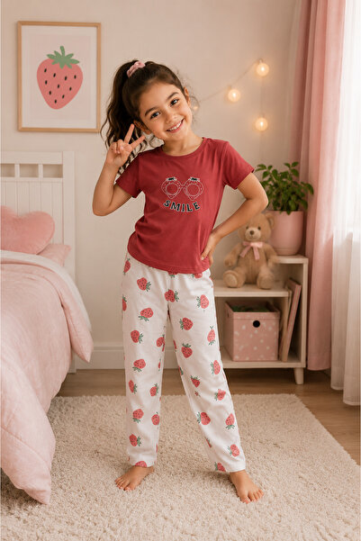 SERPİL Kız Çocuk Çilek Desenli Pijama Takımı Kısa Kollu Pamuklu Uzun Alt Ev G...