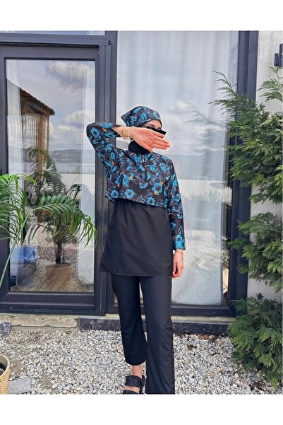 zem moda 4 Piece Fully Covered Hijab Swimsuit Set Patterned Parachute Fabric ...