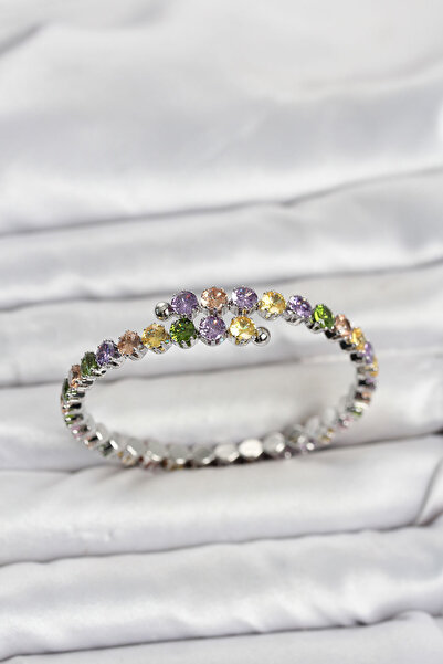 Hobibahçem Brass Silver Color Mixed Color Zircon Stone Women's Bracelet