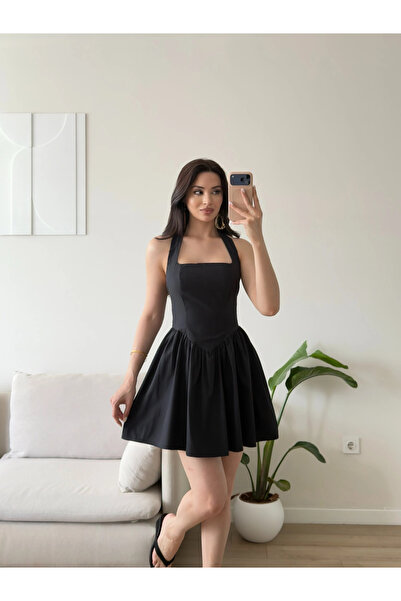 Zoom Butik Halter Yaka Mini Elbise - SİYAH