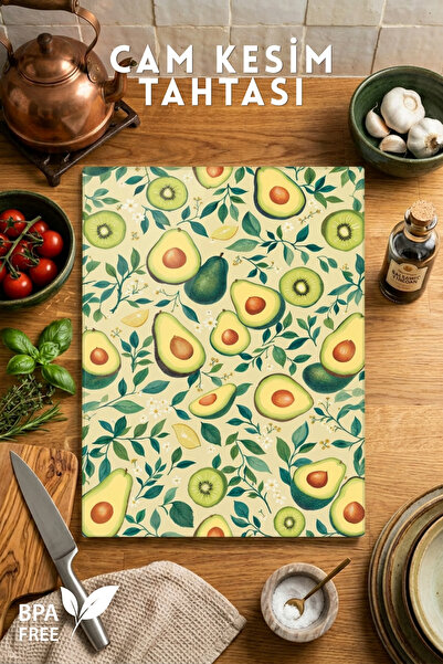Nandy Home Avokado Desenli Cam Kesim Tahtası - 25x35cm -Dayanıklı ve Pratik K...
