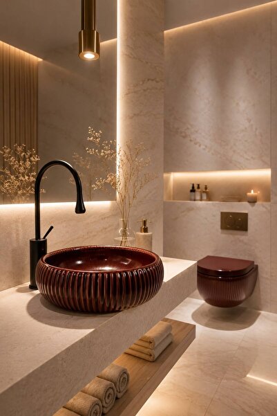 LENA E-4161X Tezgah Üstü Porselen Lavabo Bordo Porselen Lavabo