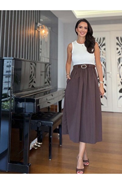 Atelier Derin Brown Sleeveless Belted Dress with Pockets