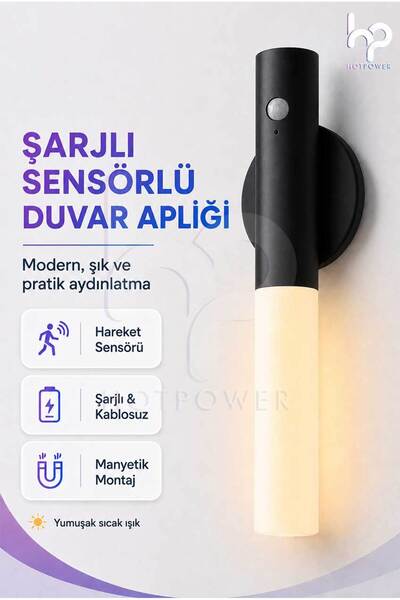 HOT POWER Şarjlı Sensörlü Duvar Apliği Manyetik Kablosuz LED Gece Lambası Type-C