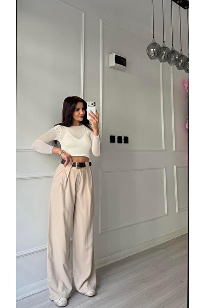 Daves Pile Detail Belted Palazzo High Waist Trousers - Beige