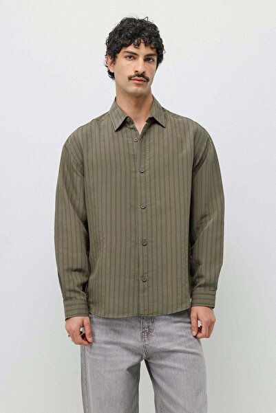 VAMOSCLO Thin striped modal blend oversize shirt khaki
