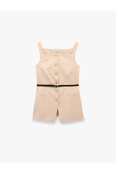 Koton Square Collar Buttoned Belted Rope Strap Vest