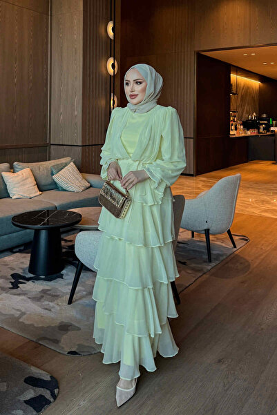İmajButik Sarı Eteği Katlı Abiye