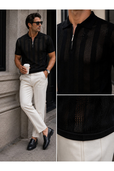 sifu tekstil Sifu Men's Polo Neck Zippered Knitwear T-Shirt Openwork Summer C...