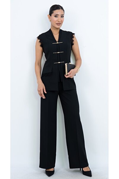 Dorne Moda Özel Seri Kruvaze Aksesuarlı Dantelli Abiye Pantolon Yelek Takım -...