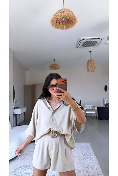 Buket Teke Stone Color Premium Straw Belted Shorts Shirt Set