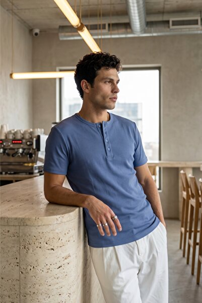 Liiri 100% Cotton Premium Ribbed Henley Neck Half Button Regular Fit Basic Men's Summer T-Shirt