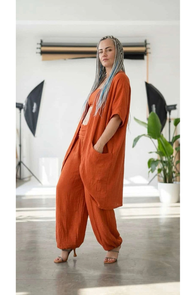 by emelika %100 Pamuk, Bürümcük, Lastik Detay, Bohem Lidya Kaftan (Turuncu)