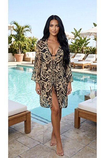 MY SEA G-13 Mink Black Patterned Chiffon Pareo with Flounce Sleeves and Tie