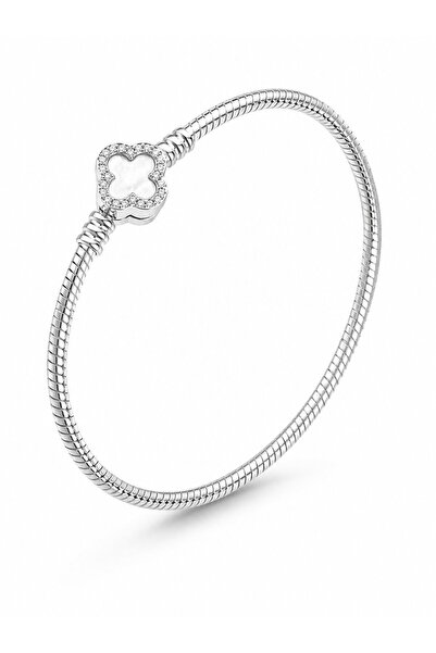 serelya Brass Charm Zircon Stone Clover Model Silver Color Women's Bracelet