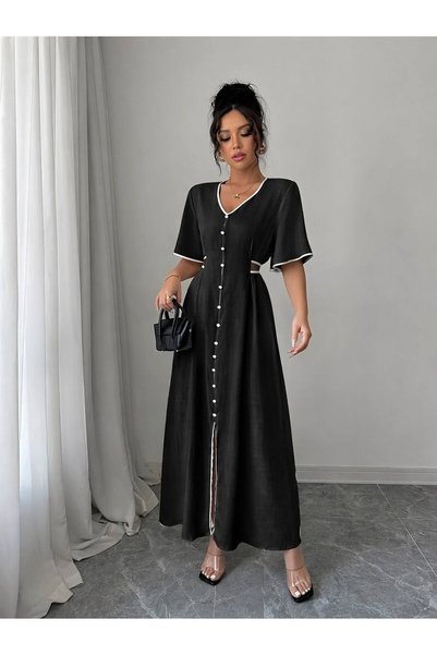 kendii modamm Black/Pink Pearl Button Detail Belted V-Neck Summer Long Dress – Relaxed Fit Stylish Casual & Vacation Wear Dress
