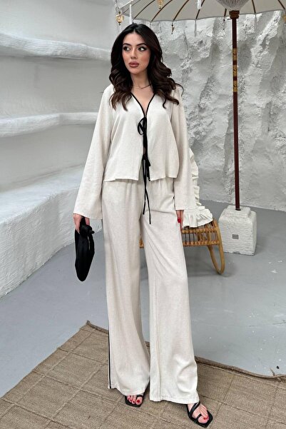 Caddebostan Moda Women's Bowknot Linen Look Spanish Flared Pants and Jacket T...