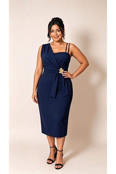 Şirin Butik Women's Navy Blue Plus Size Evening Dress with One Shoulder Strap...
